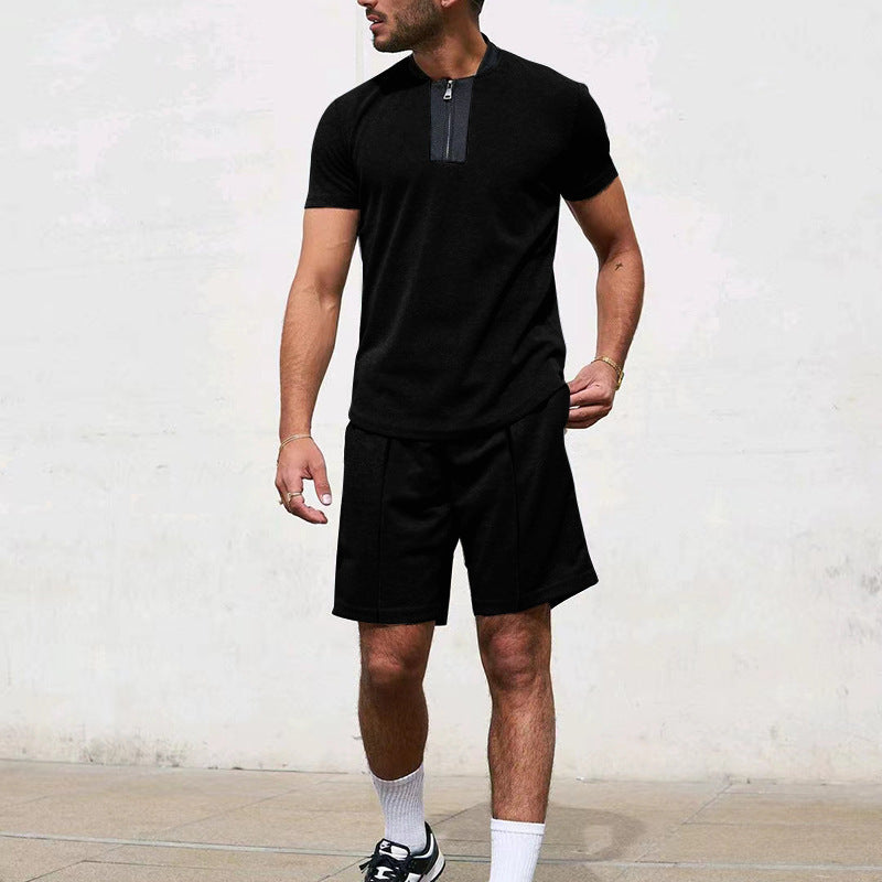 Herren Sportliches Kurzarm-T-Shirt mit Reißverschluss und Joggingshorts EB
