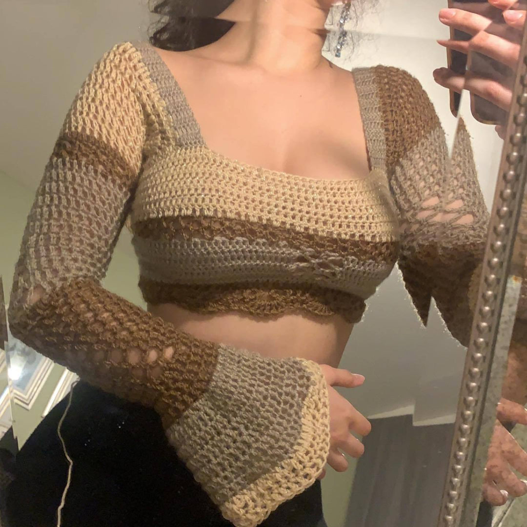 Damen gehäkeltes Crop-Top mit langen Ärmeln und ausgefallenem Saum EB