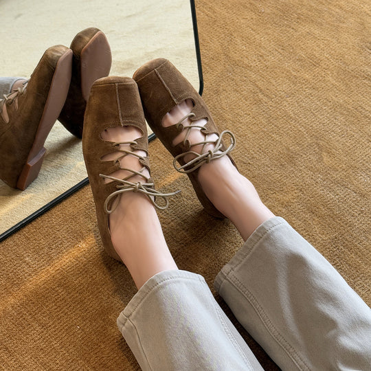 Damen Komfortable Wildleder Ballerinas mit Schnürung EB