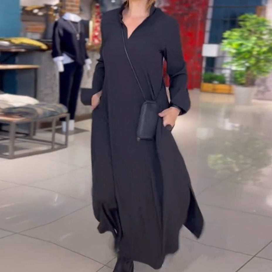 Damen Maxikleid mit praktischen Seitentaschen und modernem Hemdblusenkragen EB