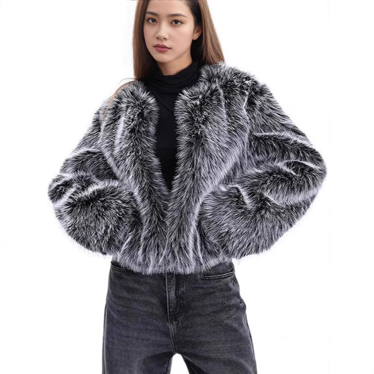 Damen Plush-Cropped-Jacke mit elegantem Fellbesatz EB