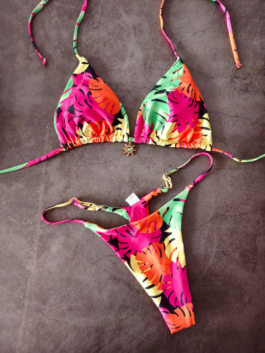 Damen Triangel-Bikini-Set mit seitlicher Schnürung und floralem Muster EB
