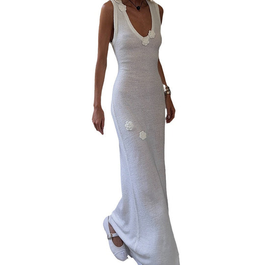 Damen Maxi-Strickkleid mit raffinierten Blumenapplikationen EB