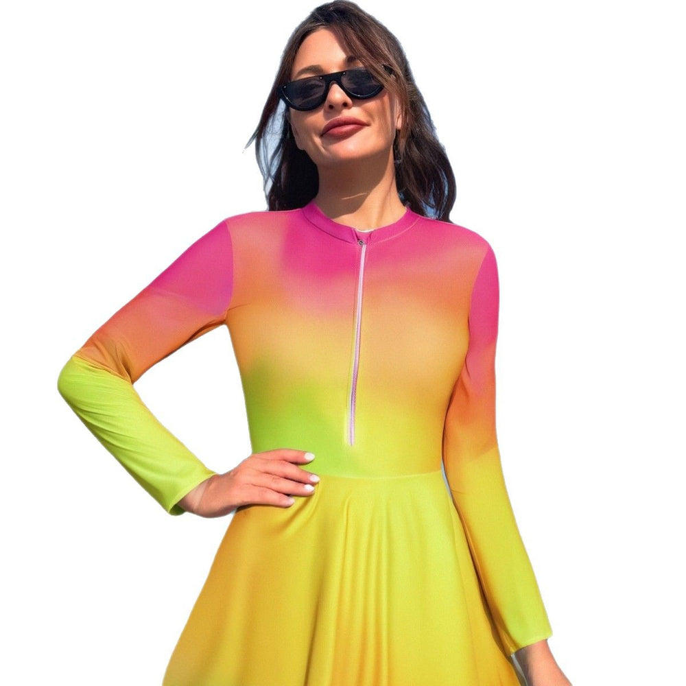 Damen Sportlicher Langarm Badeanzug mit schwingendem Rock EB