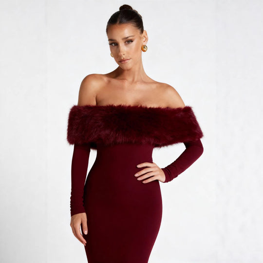 Damen Figurbetontes Kleid mit abnehmbaren Kunstfell-Akzenten EB