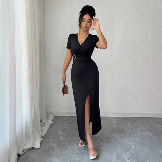 Damen nan figurbetontes Wickel-Midikleid mit V-Ausschnitt, Taillenring und hohem Beinschlitz EB