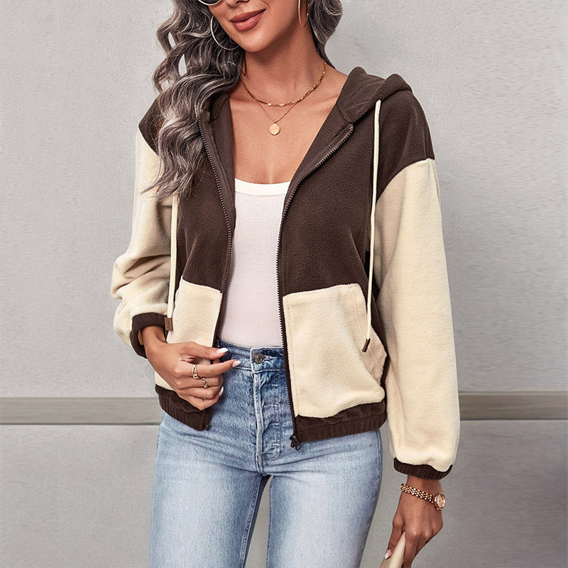 Damen Colorblock-Fleecejacke mit Kapuze, Reißverschluss und Kängurutaschen EB