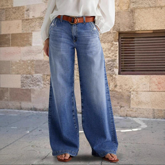 Damen Weit geschnittene Denim-Hose mit hoher Taille und eleganten Taschen EB