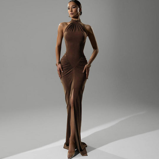 Damen Elegantes Langkleid mit Choker-Ausschnitt und Raffungen EB
