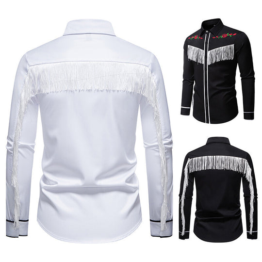 Herren elegante Westernbluse mit Fransen und bestickten Motiven EB