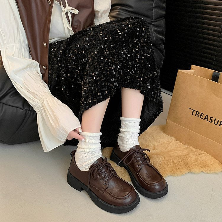 Damen modische Schnürschuhe mit klobiger Sohle und glänzender Oberfläche EB