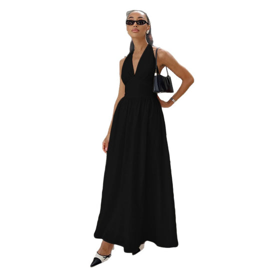 Damen Maxikleid mit tieferem V-Ausschnitt und fließendem Rock EB