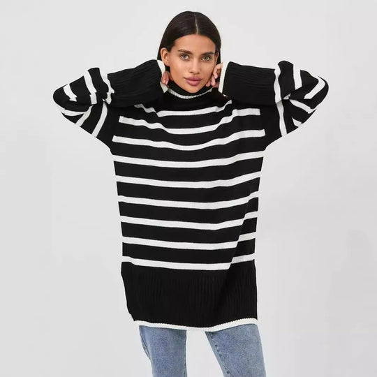 Damen gestrickter Rollkragenpullover mit modernem Streifenmuster und weitem Schnitt EB
