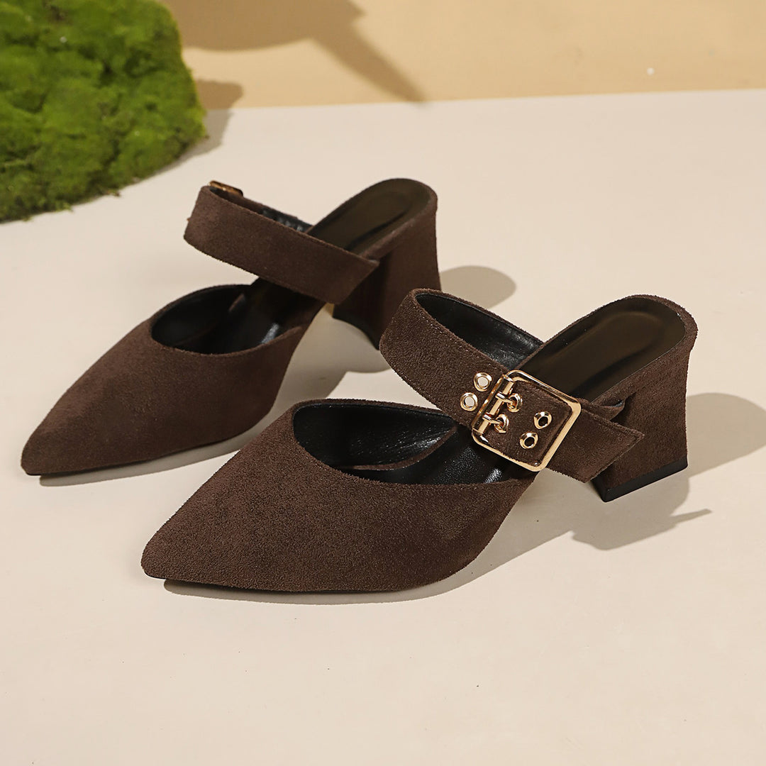 Damen geschlossene Mules mit Blockabsatz und einem eleganten Riemen EB