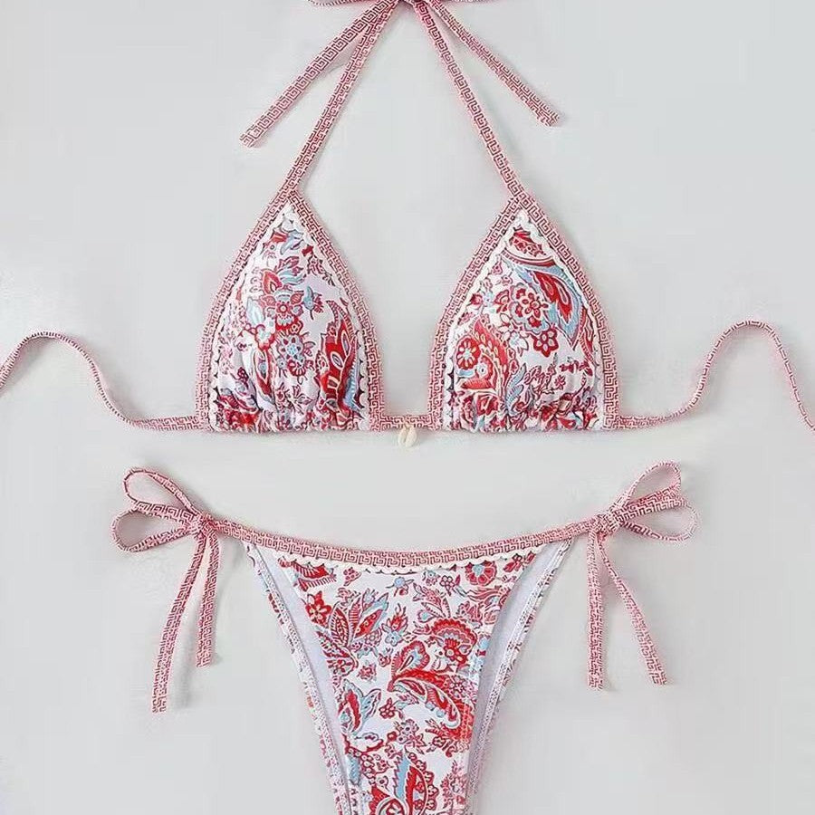 Damen Triangel-Bikini mit floralem Muster und verstellbaren Bindebändern EB