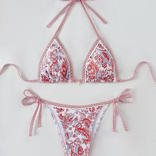 Damen Triangel-Bikini mit floralem Muster und verstellbaren Bindebändern EB