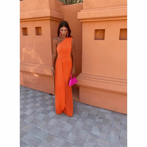 Damen Maxikleid mit asymmetrischem Ärmeldesign und eleganter Drapierung EB