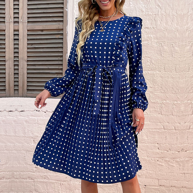 Damen langärmliges Kleid mit taillierbarem Gürtel und elegantem Punktmuster EB