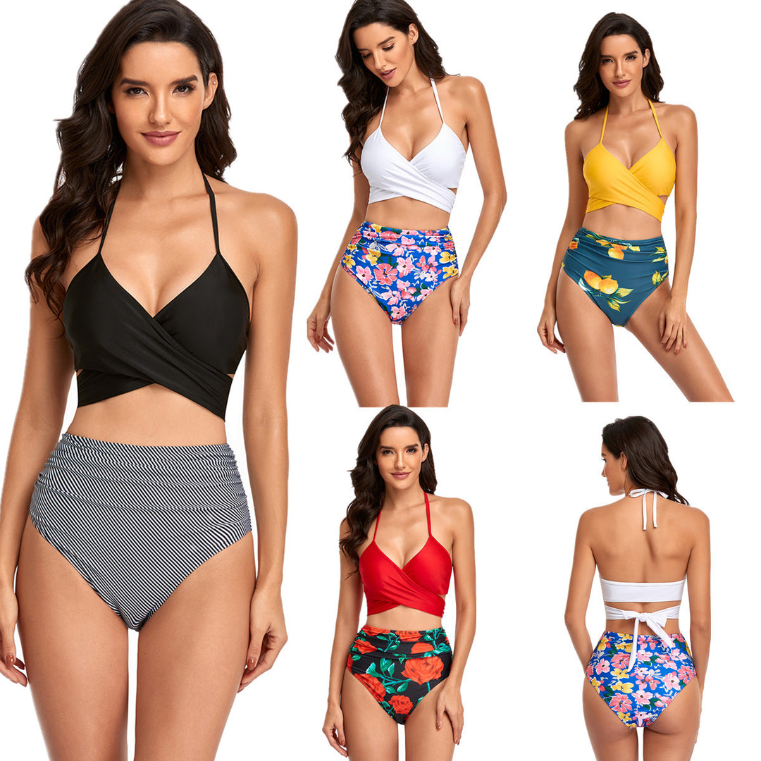 Damen Hochtailliertes Bikini-Set mit Wickeloberteil und floralen Akzenten EB