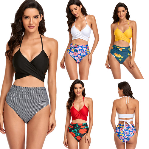 Damen Hochtailliertes Bikini-Set mit Wickeloberteil und floralen Akzenten EB