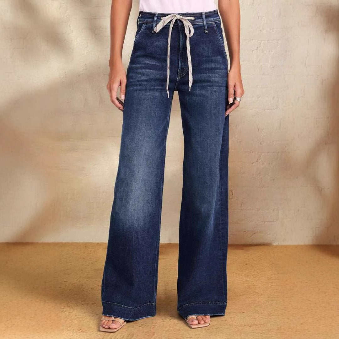 Damen Weit geschnittene Jeans mit modischem Kordelzug und elastischem Bund EB