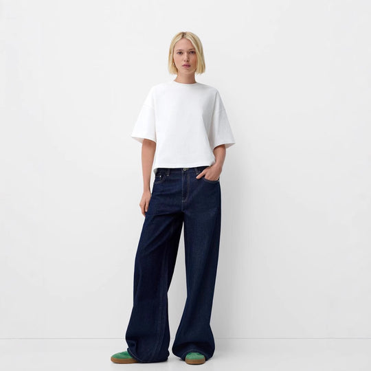 Damen nan ultraweite bodenlange Denim-Palazzohose mit cleanem Taschen-Schnitt und leichter Stretchwirkung EB