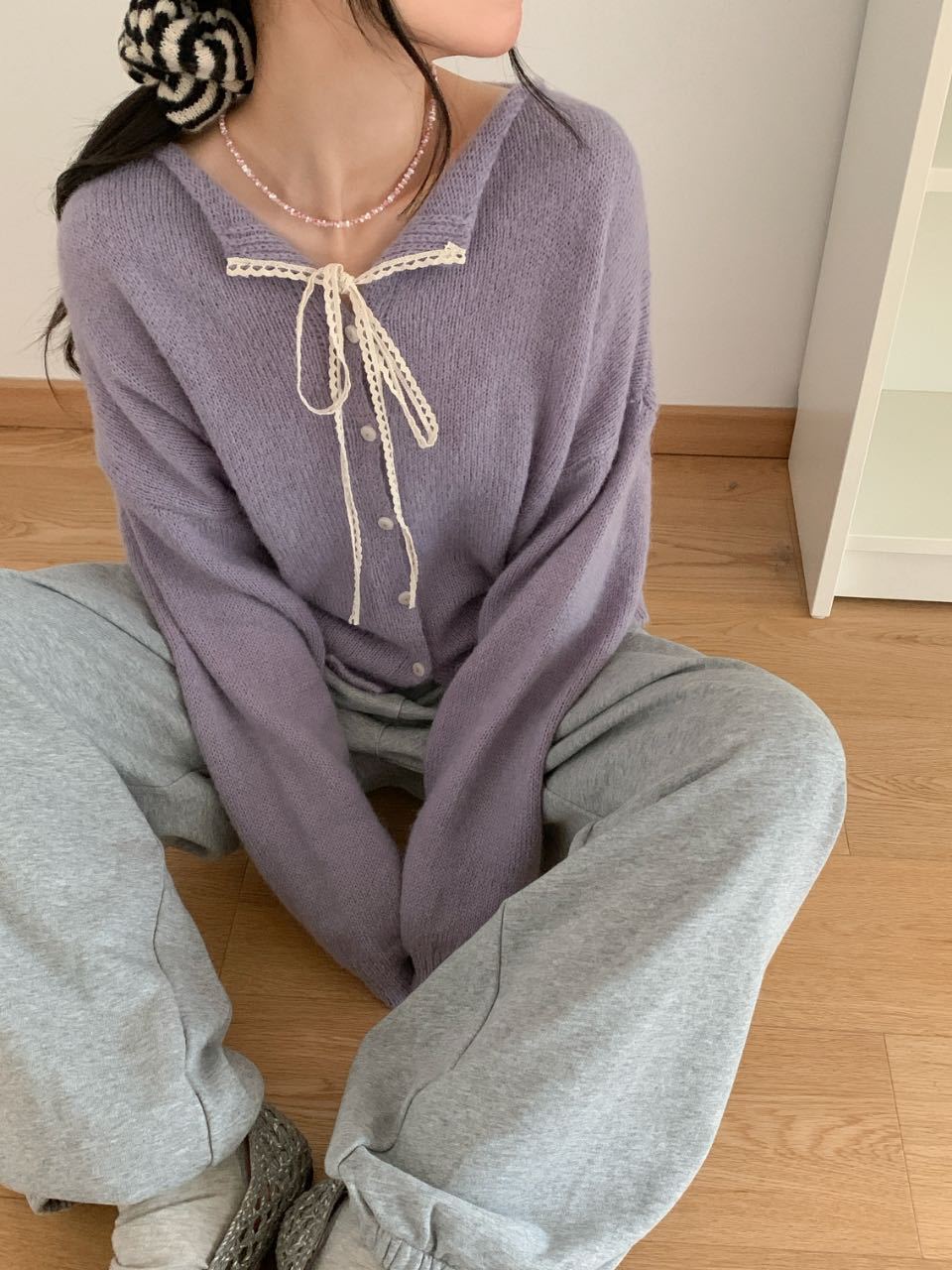 Damen lässiger Strickcardigan mit Kordelzug und feiner Struktur EB