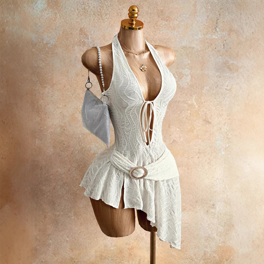 Damen nan figurbetontes Neckholder-Minikleid mit Schnürung, Cut-Out und asymmetrischem Wickelrock EB