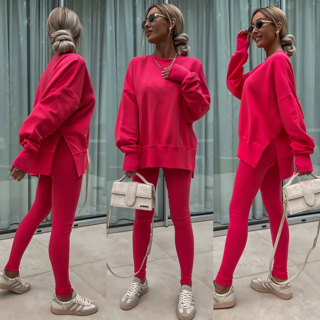 Damen komfortables Oversize-Lounge-Set mit langem Sweatshirt, gerippten High-Waist-Leggings und verlängerten Bündchen EB