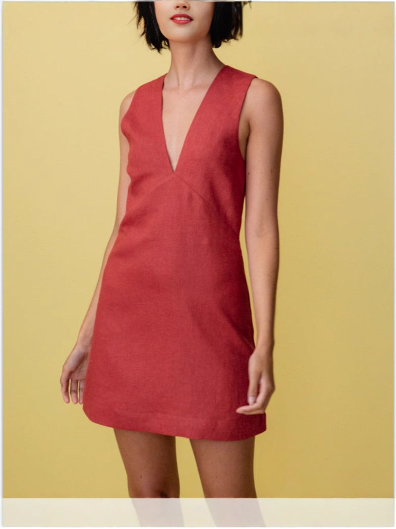 Damen leichtes Leinenkleid mit tiefem V-Ausschnitt und ärmellosem Design EB