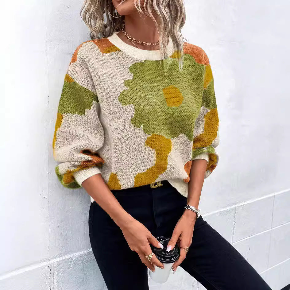 Damen modischer Pullover mit floralem Muster und weiten Ärmeln EB