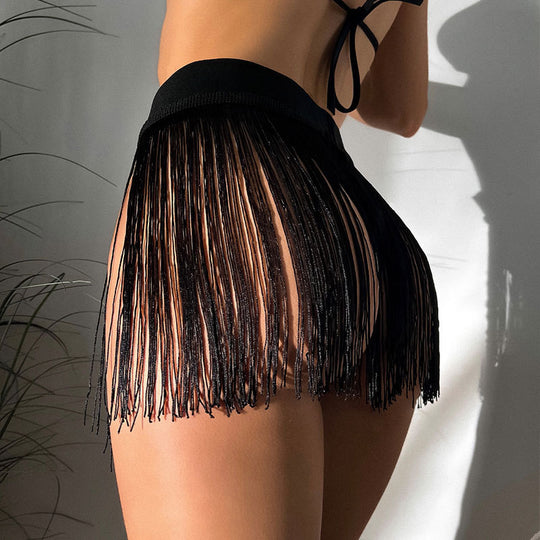 Damen Strandrock mit Fransen und buntem Zierband EB