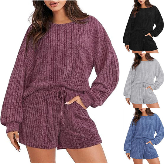 Damen gemütlicher Fleece Lounge-Anzug mit weiten Ärmeln und elastischem Bund EB