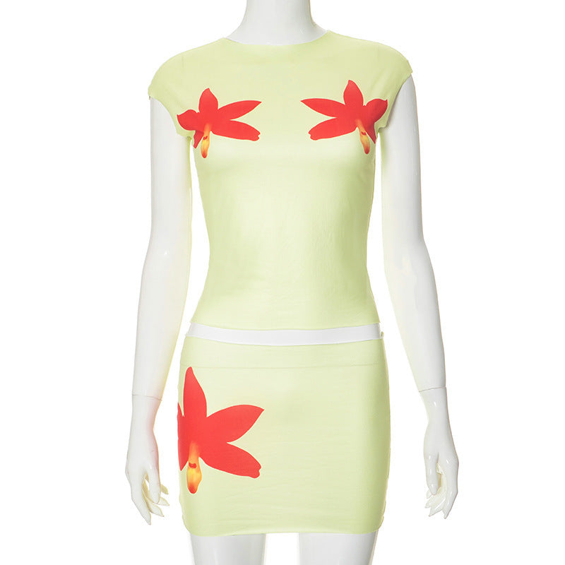 Damen modisches Oberteil und Rock Set mit floralem Design EB