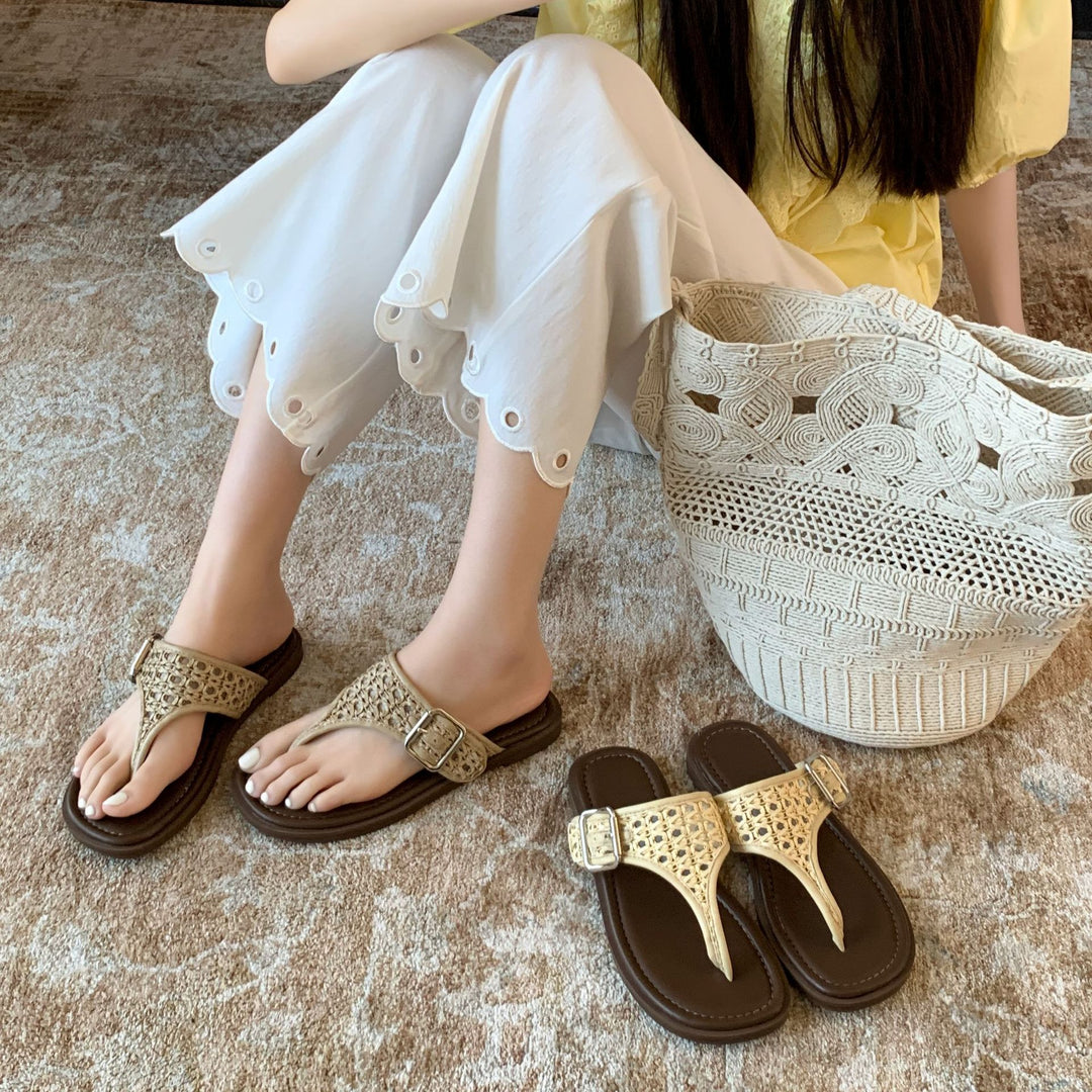 Damen Komfortable Zehentrenner-Sandalen mit modischem Flechtmuster und verstellbarem Riemen EB