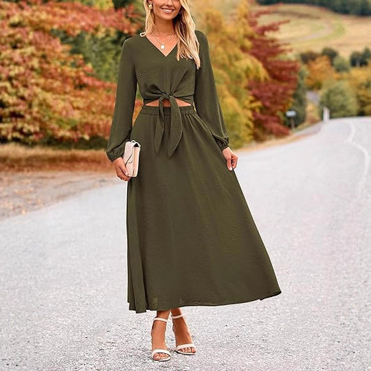 Damen Binde-Kleid mit langen Ärmeln und Rundhalsausschnitt EB