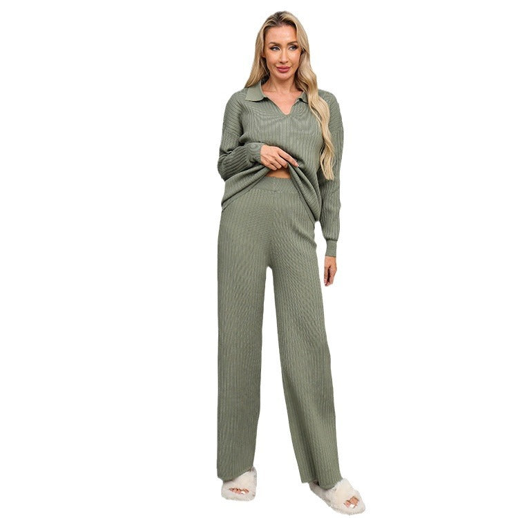 Damen elegantes und bequemes Strick-Lounge-Set mit Polokragen EB