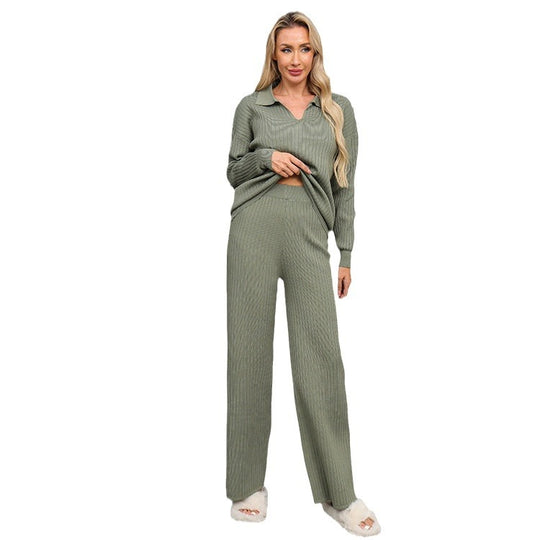 Damen elegantes und bequemes Strick-Lounge-Set mit Polokragen EB