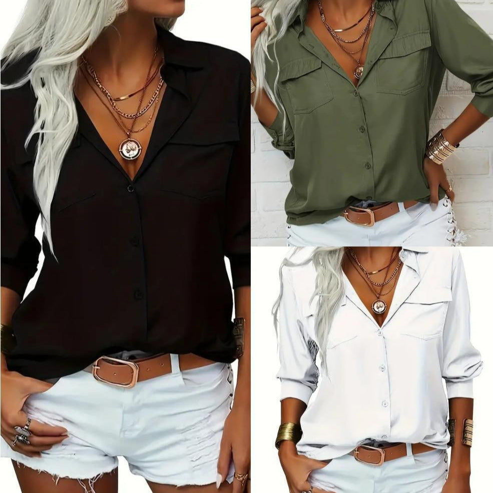 Damen nan leichte V-Ausschnitt Chiffonbluse mit Brusttaschen und geknöpftem Frontverschluss EB