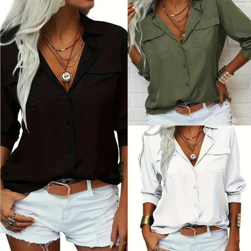 Damen nan leichte V-Ausschnitt Chiffonbluse mit Brusttaschen und geknöpftem Frontverschluss EB
