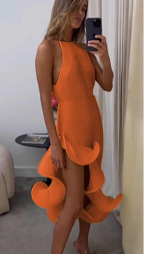 Damen Maxikleid mit asymmetrischem Volant und elegantem Faltenrock EB