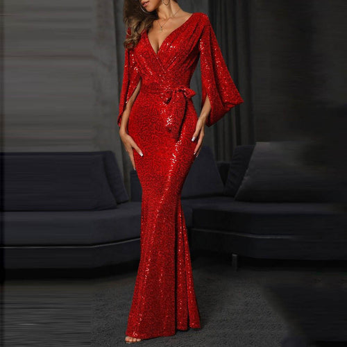 Damen Glamouröses Abendkleid mit schimmernden Pailletten und voluminösen Ärmeln EB