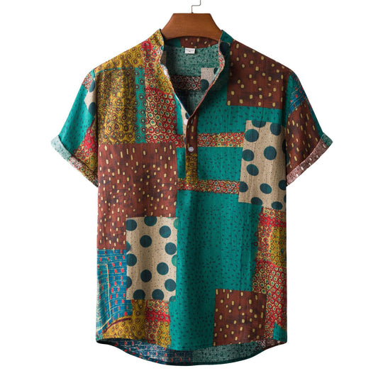 Herren Kurzarmhemd mit einzigartigem Patchwork-Muster und praktischem Knopfverschluss EB