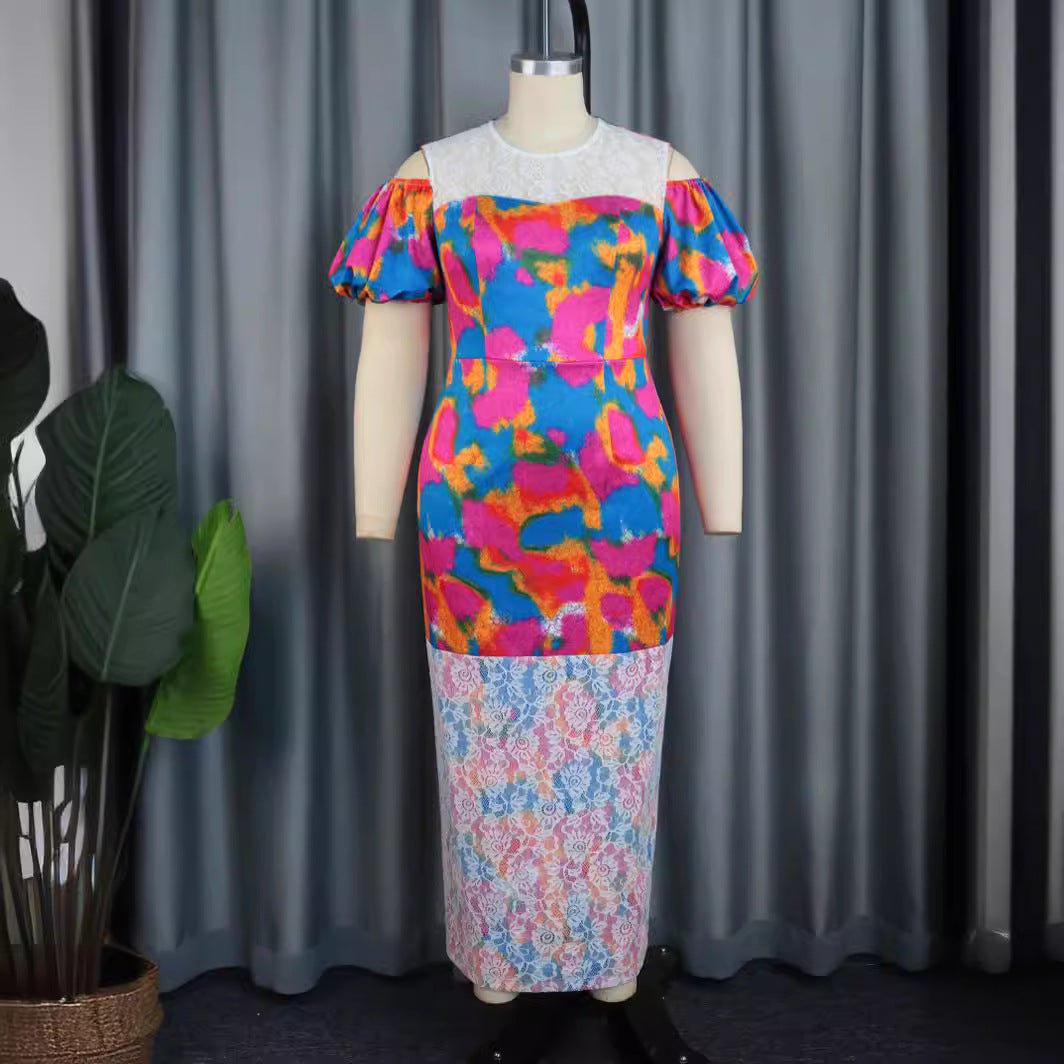 Damen Maxikleid mit voluminösen Puffärmeln und floralem Spitzenbesatz EB
