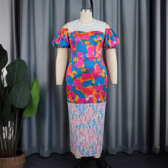 Damen Maxikleid mit voluminösen Puffärmeln und floralem Spitzenbesatz EB