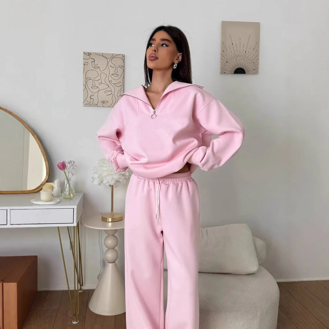 Damen Loungewear-Set mit halbem Reißverschluss und weiter Bügelfalten-Hose EB