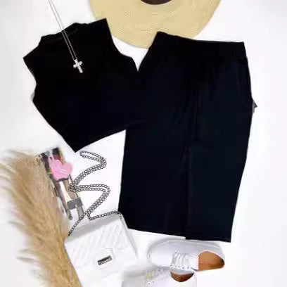 Damen Set aus tailliertem Crop-Top und Hochbund-Rock mit Gürtel EB