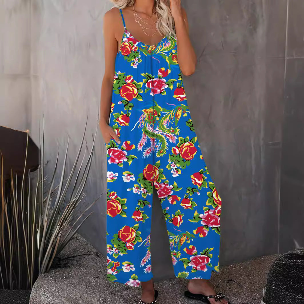 Damen Luftiger Jumpsuit mit floralem Design und verstellbaren Trägern EB