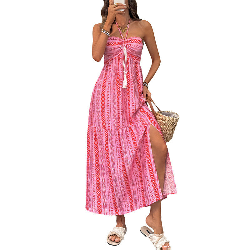 Damen Maxi-Strandkleid mit elastischem Oberteil und verspieltem Muster EB