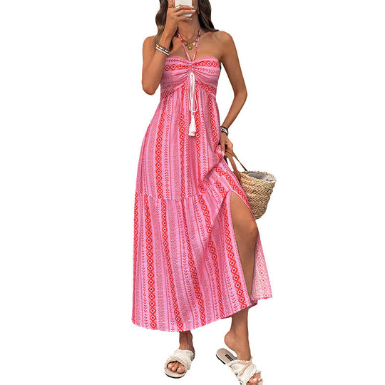 Damen Maxi-Strandkleid mit elastischem Oberteil und verspieltem Muster EB